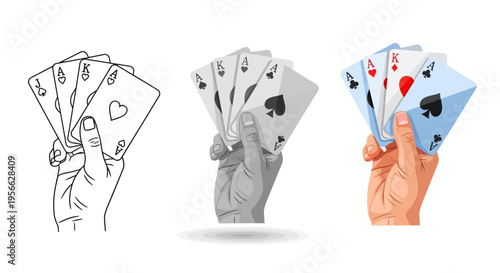 Hand holding playing cards in three styles: outline, grayscale, and color