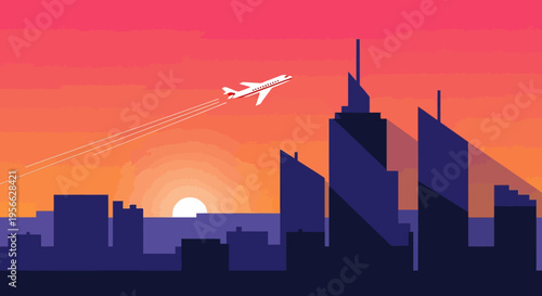 Airplane soaring over city skyline at sunset with vibrant gradient colors