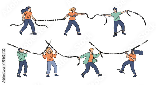 People breaking free from chains in cartoon style