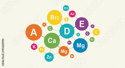 Colorful vitamin and mineral network diagram with nutrient symbols