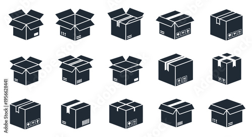 Collection of various cardboard boxes in a flat design style