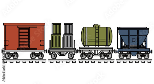 Colorful linear train cargo: boxcar, containers, tank car, hopper