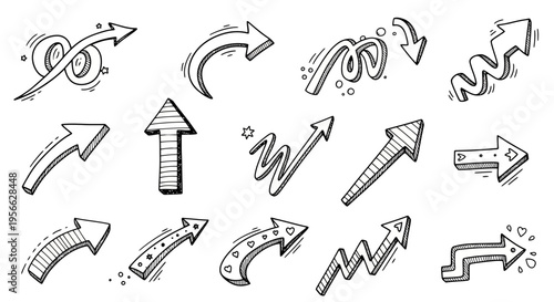 Hand drawn doodle arrows collection with diverse styles and directions