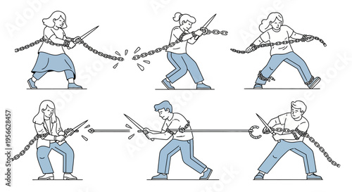 People breaking chains with swords in minimalist line art