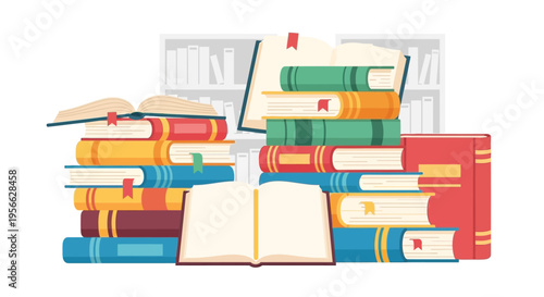 Colorful stack of open and closed books with bookmarks displayed