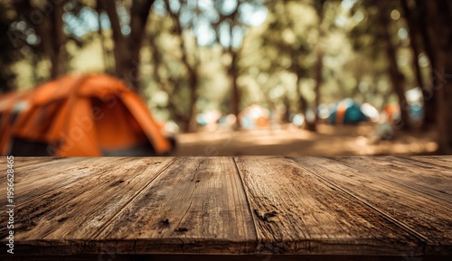 empty wooden table top with a blurred background of an outdoor camping scene for product display montage, with focus on the foreground and a depth blur effect Generative AI