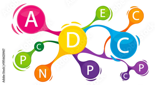 Colorful vitamin molecule diagram with abstract circular shapes in bright hues