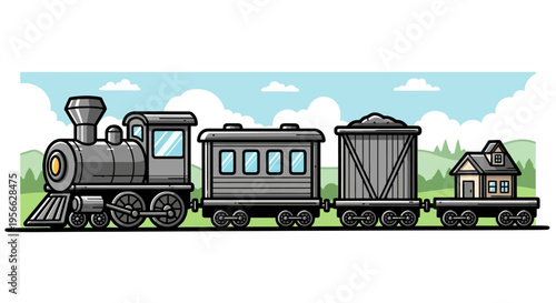 Vintage steam train with carriages in cartoon style on scenic background