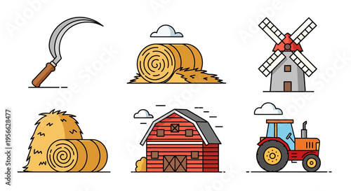 Farm icons collection: silhouette style of barn, tractor, windmill, hay bales