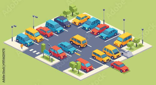 An isometric illustration depicts a busy parking lot filled with colorful cars and streetlights a clean silhouette high quality professional detailed