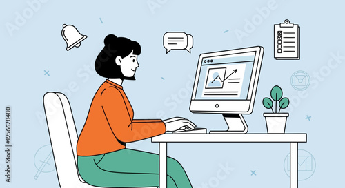 Woman working on computer with notifications and chat icons in modern workspace