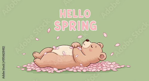 Cute bear relaxing on cherry blossoms with hello spring message