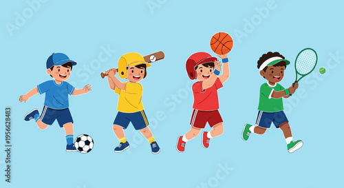 Cheerful kids playing soccer, baseball, basketball, and tennis in flat design