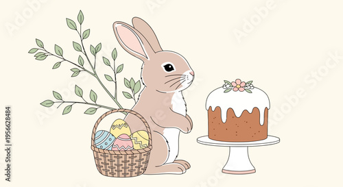 Cute easter bunny with basket of painted eggs and decorated cake