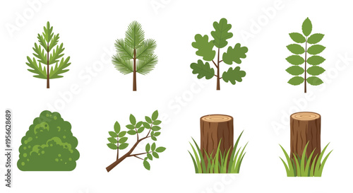 Cartoon illustration of various trees shrubs and tree stumps