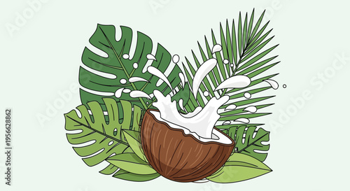 A vibrant illustration depicts a cracked coconut with splashing liquid amidst lush tropical foliage presented as a silhouette high quality professional