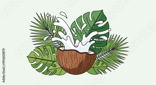 A vibrant illustration depicts a cracked coconut with splashing liquid surrounded by lush tropical foliage silhouette high quality professional detailed modern