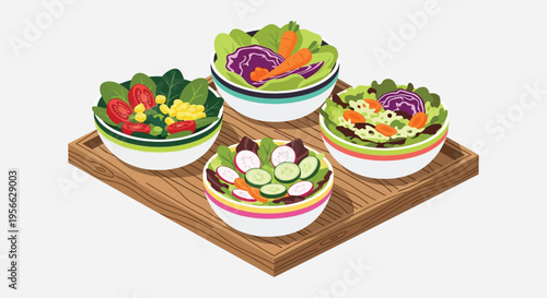 Four colorful salad bowls are arranged on a wooden tray presenting a vibrant and healthy meal option silhouette high quality