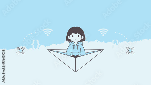 Cartoon girl in paper boat with tech icons