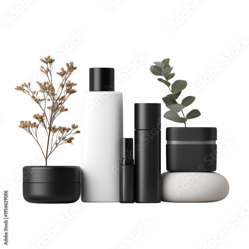 Display of Black and White Cosmetic Products With Plants on a Light Background