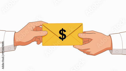 Hands exchanging envelope with dollar sign