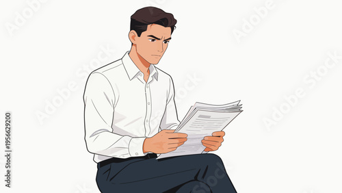 Man in white shirt reading documents