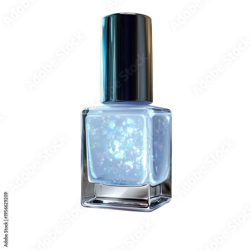 Bottle of Nail Polish With Glitter in Clear Liquid Placed on White Background