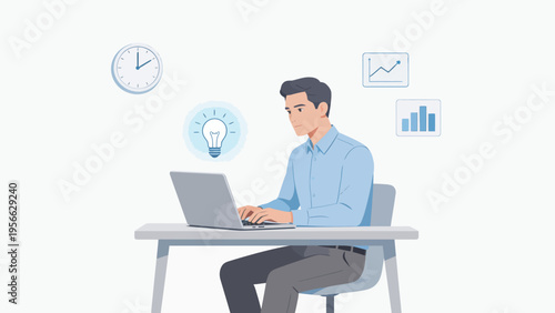 Man working on laptop with lightbulb