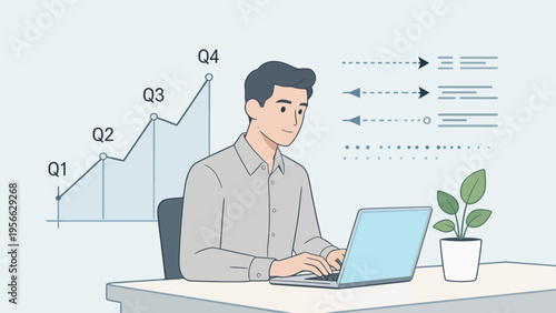 Man working on laptop with business chart