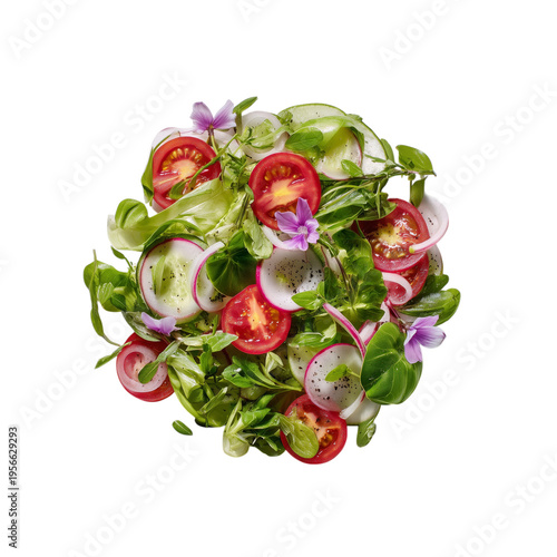 Fresh Salad With Mixed Greens, Tomatoes, Cucumbers, and Edible Flowers Arrang...