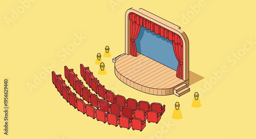 An isometric view of a theater stage red seats and spotlights presented as a striking silhouette high quality professional detailed modern