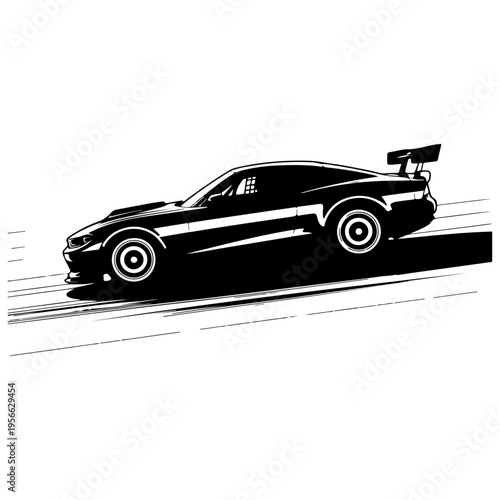 Dynamic black and white vector illustration of a powerful sports car with a spoiler, speeding on a road