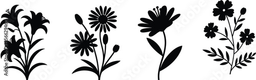 Flower arrangement silhouette illustration, four diverse floral designs including lilies, daisies, large bloom, and bouquet, botanical theme, vector art, black isolated bold design