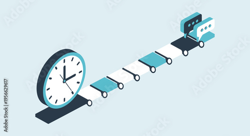 An isometric illustration depicts a linear progression from a clock to a smartphone representing time and communication silhouette high quality professional