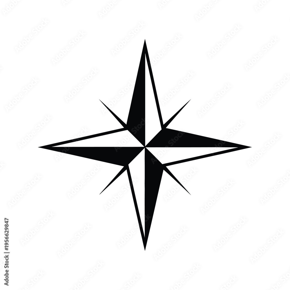 Obraz premium A black and white graphic representation of a compass rose on a white background.