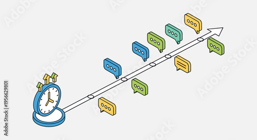 A linear timeline depicting communication milestones marked by speech bubbles progressing from a clock silhouette high quality professional detailed modern elegant