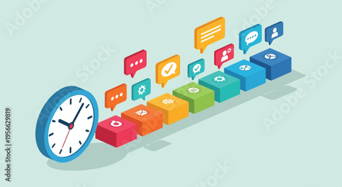 Isometric illustration depicting communication time management and progress with colorful blocks and a clock silhouette high quality professional detailed modern elegant