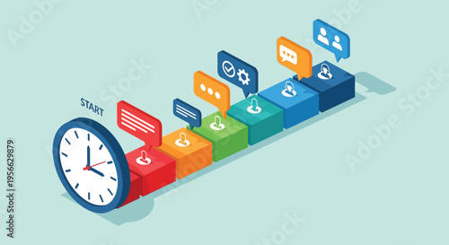 An isometric illustration depicting a pathway of communication blocks starting with time showcasing progress silhouette high quality professional detailed modern elegant