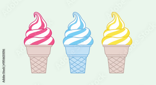 Three colorful soft serve ice cream cones are displayed against a pale green background creating a playful silhouette high quality professional