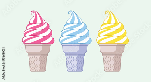 Three colorful soft serve ice cream cones are displayed against a pale green backdrop creating a striking silhouette high quality professional