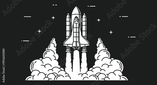 A detailed line art illustration depicts a space shuttle launching with fiery exhaust trails creating a striking silhouette high quality professional