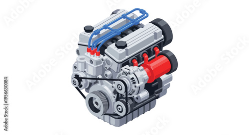 Detailed isometric illustration of a modern automotive engine showcasing its internal components and design silhouette high quality professional detailed elegant stylish