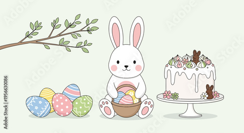 Cute easter bunny with colorful eggs and cake in pastel palette