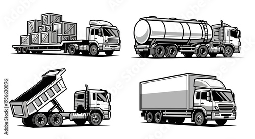 Monochrome truck designs: flatbed, tanker, dumper, and box trucks