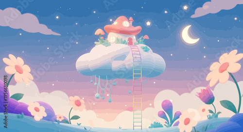 Dreamy whimsical cloud house with floral fantasy landscape under starry sky
