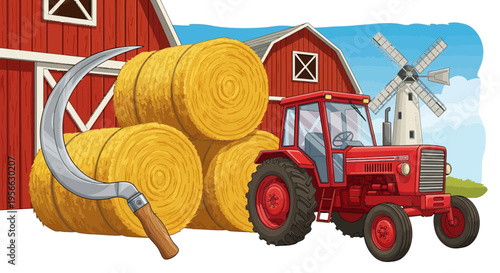 Rustic farming scene with red tractor, hay bales, and barns