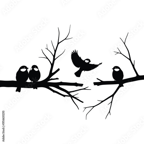 Silhouettes of birds perched on bare branches against a white background.