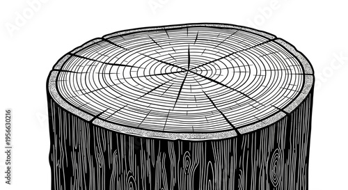 Detailed wood slice with tree rings in black and white line art style