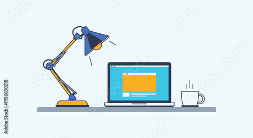 A colorful illustration depicts a desk lamp shining on a laptop coffee and pen creating a striking silhouette high quality professional