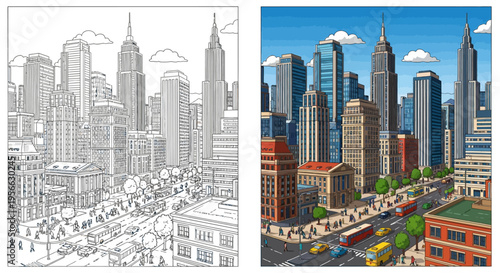Vibrant cityscape coloring page transformation into lively urban scene